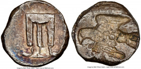 BRUTTIUM. Croton. Ca. 480-430 BC. AR stater or nomos (18mm, 7.73 gm, 8h). NGC VF 4/5 - 3/5. ϘPO (retrograde), ornamented sacrificial tripod, legs term...
