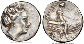 EUBOEA. Histiaia. Ca. 3rd-2nd centuries BC. AR tetrobol (14mm, 11h). NGC Choice XF. Head of nymph right, wearing vine-leaf crown, earring and necklace...