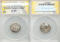 CORINTHIA. Corinth. 4th century BC. AR stater (22mm, 1h). ANACS VF 30. Pegasus with curved wings flying left, Ϙ below/ Head of Athena left, wearing la...