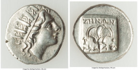 CARIAN ISLANDS. Rhodes. Ca. 88-84 BC. AR drachm (15mm, 2.86 gm, 12h). Choice XF, brushed. Plinthophoric standard, Zenon, magistrate. Radiate head of H...