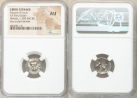 LYCIAN DYNASTS. Pericles (ca. 390-360 BC). AR third-stater (15mm, 7h). NGC AU. Uncertain mint. Lion scalp facing Π↑P-EK-Λ↑ (Pericles in Lycian), trisk...