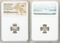 LYCIAN DYNASTS. Mithrapata (ca. 390-360 BC). AR third-stater (13mm, 4h). NGC AU. Uncertain mint. Lion scalp facing / MEΘ-PAΠ-AT-A, triskeles with void...