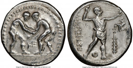 PAMPHYLIA. Aspendus. Ca. 325-250 BC. AR stater (24mm, 12h). NGC XF, marks. Two wrestlers grappling; KE between / ΕΣΤFΕΔΙΥ, slinger standing right, pla...