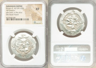 SASANIAN KINGDOM. Khusro II (AD 591-628). AR drachm (33mm, 9h). NGC XF. Bust of Khusro II right, wearing mural crown with frontal crescent, two wings,...