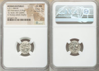 Anonymous. Ca. 211-208 BC. AR victoriatus (16mm, 2.99 gm, 1h). NGC Choice MS 4/5 - 5/5. Apulia, Q series. Laureate head of Jupiter right / Victory sta...