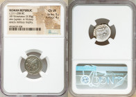 Anonymous. Ca. 211-208 BC. AR victoriatus (16mm, 3.33 gm, 8h). NGC Choice VF 5/5 - 4/5. Rome. Laureate head of Jupiter right, dotted border / ROMA, Vi...