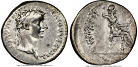 Tiberius (AD 14-37). AR denarius (17mm, 3.78 gm, 8h). NGC Choice VF 3/5 - 3/5. Lugdunum, ca. AD 15-18. TI CAESAR DIVI-AVG F AVGVSTVS, laureate head of...