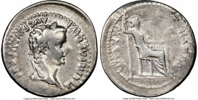 Tiberius (AD 14-37). AR denarius (20mm, 12h). NGC Choice Fine. Lugdunum. TI CAESAR DIVI-AVG F AVGVSTVS, laureate head of Tiberius right / PONTIF-MAXIM...