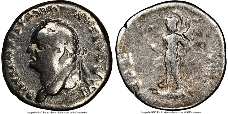 Vespasian (AD 69-79). AR denarius (17mm, 6h). NGC Fine, brushed. Rome, AD 77-78....
