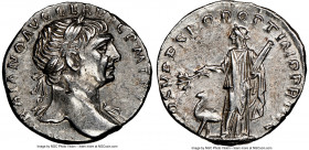 Trajan (AD 98-117). AR denarius (17mm, 6h). NGC Choice XF, flan flaw. Rome, AD 103-111. IMP TRAIANO AVG GER DAC P M TR P, laureate head of Trajan righ...