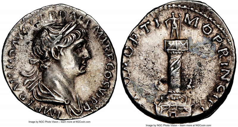 Trajan (AD 98-117). AR denarius (19mm, 7h). NGC XF, scratches. Rome, AD 113-114....
