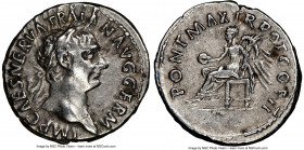 Trajan (AD 98-117). AR denarius (18mm, 6h). NGC Choice VF. Rome, AD 98-99. IMP CAES NERVA TRAIAN AVG GERM, laureate head of Trajan right / PONT MAX TR...