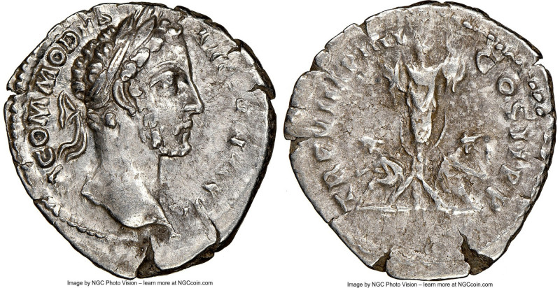 Commodus (AD 177-192). AR denarius (19mm, 1h). NGC Choice VF. Rome, AD 180. M CO...