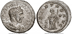 Elagabalus (AD 218-222). AR denarius (20mm, 6h). NGC AU. Rome. IMP ANTONINVS PIVS AVG, laureate, draped bust of Elagabalus right, seen from behind / L...