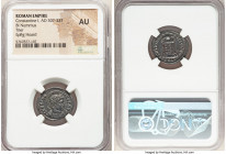 Constantine I the Great (AD 307-337). AE3 or BI nummus (20mm, 6h). NGC AU. Trier, 2nd officina, AD 322-323. CONSTAN-TINVS AVG, helmeted, cuirassed bus...