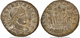 Constans, as Caesar (AD 337-350). AE3 or BI nummus (18mm, 5h). NGC Choice AU. Arles, 1st officina, AD 335. FL IVL CONSTANS NOB C, laureate, draped, an...