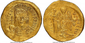 Justinian I the Great (AD 527-565). AV solidus (20mm, 6h). NGC AU, wavy flan, clipped. Constantinople, 10th officina, ca. AD 545-565. D N IVSTINI-ANVS...
