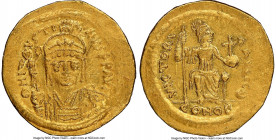 Justin II (AD 565-578). AV solidus (21mm, 6h). NGC AU, graffito, wavy flan. Constantinople, 9th officina. D N I-VSTI-NVS PP AVG, cuirassed bust of Jus...