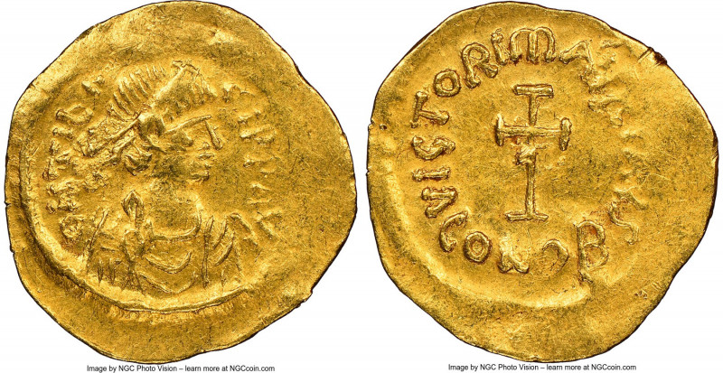 Maurice Tiberius (AD 582-602). AV tremissis (16mm, 1.44 gm, 6h). NGC Choice XF 4...