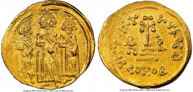 Heraclius (AD 610-641), with Heraclius Constantine and Heraclonas. AV solidus (20mm, 4.47 gm, 6h). NGC MS 5/5 - 4/5, die shift, marks. Constantinople,...