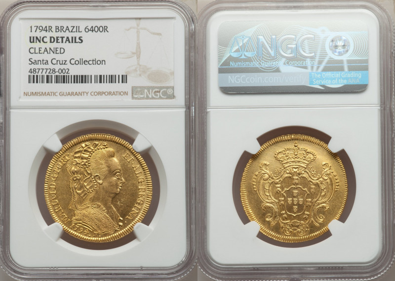 Maria I gold 6400 Reis 1794-R UNC Details (Cleaned) NGC, Rio de Janeiro mint, KM...