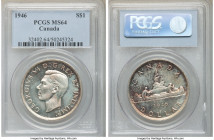 George VI Dollar 1946 MS64 PCGS, Royal Canadian mint, KM37. Patches of russet and teal toning. 

HID09801242017

© 2020 Heritage Auctions | All Ri...