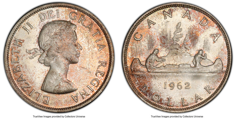 Elizabeth II Dollar 1962 MS65 PCGS, Royal Canadian mint, KM54. Orange peel tonin...