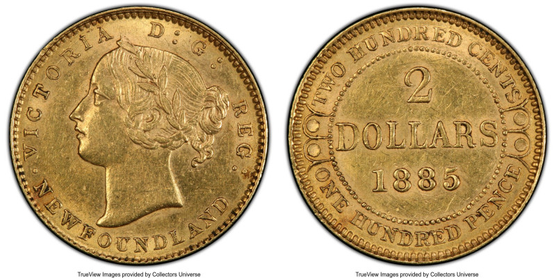 Newfoundland. Victoria gold 2 Dollars 1885 AU58 PCGS, London mint, KM5. Young he...