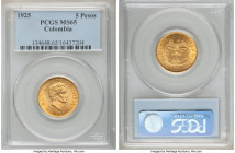 Republic gold 5 Pesos 1925 MS65 PCGS, Medellin (MFDELLIN) mint, KM204. Butterscotch colored toning. AGW 0.2355 oz. 

HID09801242017

© 2020 Herita...