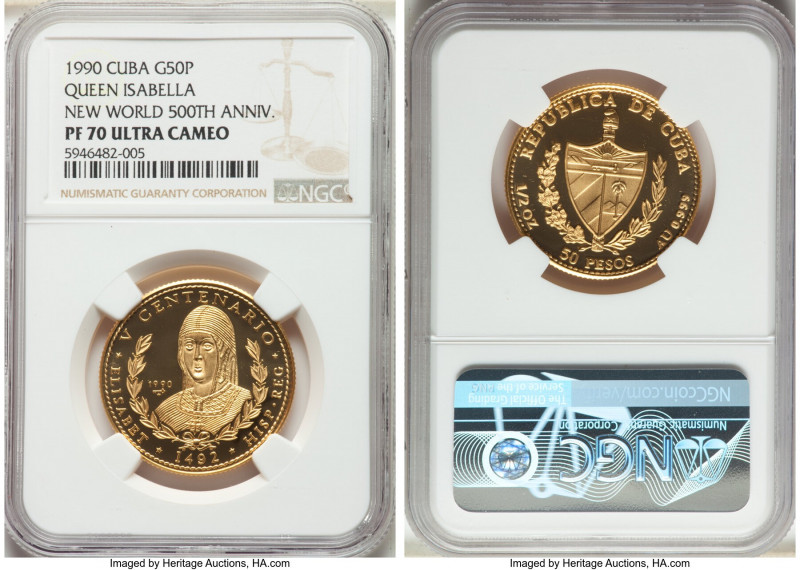 Republic gold Proof "Queen Isabella" 50 Pesos 1990 PR70 Ultra Cameo NGC, Havana ...