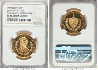 Republic gold Proof "Juan De La Cosa" 50 Pesos 1990 PR70 Ultra Cameo NGC, Havana mint, KM301. Mintage: 250. 500th Anniversary - Discovery of America. ...
