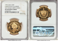 Republic gold Proof "Christopher Columbus" 50 Pesos 1990 PR69 Ultra Cameo NGC, Havana mint, KM298. Mintage: 250. New World 500th anniversary commemora...