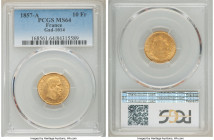 Napoleon III gold 10 Francs 1857-A MS64 PCGS, Paris mint, KM784.3, Gad-1014. AGW 0.0933 oz. 

HID09801242017

© 2020 Heritage Auctions | All Right...