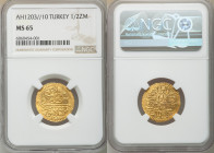 Ottoman Empire. Selim III gold 1/2 Zeri Mahbub AH1203 Year 10 (1797/1798) MS65 NGC, Islambul mint (in Turkey), KM517, Fr-80. 

HID09801242017

© 2...