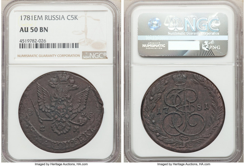 5-Piece Lot of Certified Assorted Issues, 1) Catherine II 5 Kopecks 1781-EM - AU...