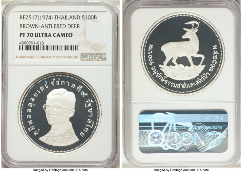 Rama IX Proof "Brown-Antlered Deer" 100 Baht BE 2517 (1974) PR70 Ultra Cameo NGC...