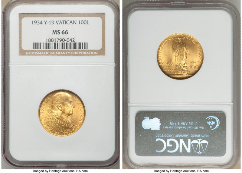 Pius XI gold "Jubilee" 100 Lire 1933-34 MS66 NGC, KM19. Jubilee issue. AGW 0.254...