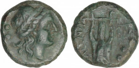 Ancient Greece
Sextans. 192-89 a.C. BRUTTIUM. Vibo Valentia (Hipponion). Anv.: Cabeza laureada de Apolo a derecha, dos puntos detrás. Rev.: VALENTIA....