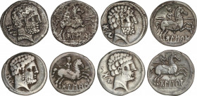 Celtiberian Coins
Lote 4 monedas Denario. 180-20 a.C. BOLSCAN (HUESCA). Anv.: Cabeza barbada a derecha, detrás letras ibéricas BoN. Rev.: Jinete con ...