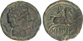 Celtiberian Coins
As. 120-30 a.C. SECOBIRICES (SAELICES, Cuenca). Anv.: Cabeza masculina a derecha, delante delfín, detrás palma y debajo signo ibéri...
