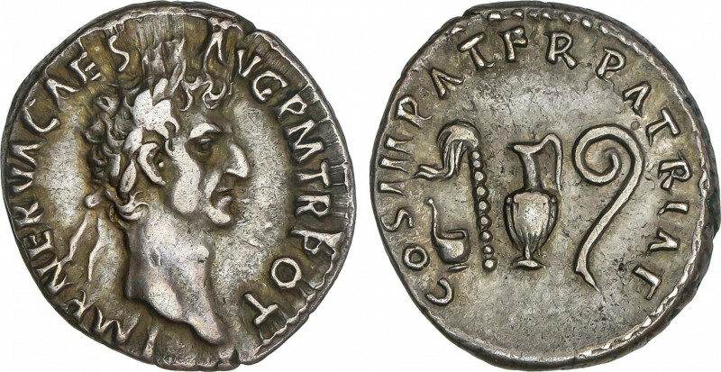 Roman Coins
Empire
Denario. Acuñada el 97 d.C. NERVA. Anv.: IMP. NERVA CAES. A...