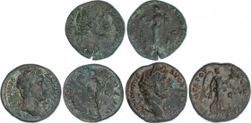 Roman Coins
Empire
Lote 3 monedas Sestercio. Acuñadas el 138-161 d.C. ANTONINO PÍO. AE. Diferentes. A EXAMINAR. MBC- a MBC.
