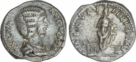 Roman Coins
Empire
Denario. Acuñada el 196-211 d.C. JULIA DOMNA. Anv.: IVLIA AVGVSTA. Busto de Julia Domna a derecha. Rev.: SAECVLI FELICITAS. Isis ...