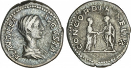 Roman Coins
Empire
Denario. Acuñada el 202-212 d.C. PLAUTILLA. Anv.: PLAVTILLA AVGVSTA. Busto de Plautilla a derecha. Rev.: CONCORDIA FELIX. Caracal...