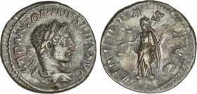 Roman Coins
Empire
Denario. Acuñada el 218-222 d.C. HELIOGÁBALO. Anv.: IMP. ANTONINVS PIVS AVG. Busto laureado de Heliogábalo a derecha. Rev.: LIBER...