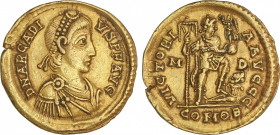 Roman Coins
Empire
Sólido. Acuñada el 394-395 d.C. ARCADIO. MEDIOLANUM. Anv.: D. N. ARCADIVS P. F. AVG. Busto diademado a derecha. Rev.: VICTORIA AV...