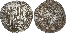 Spanish Monarchy
Ferdinand and Isabella
2 Reales. GRANADA. Anv.: G entre roeles - Escudo - ¶. Rev.: R en campo. 6 flechas. 6,78 grs. AR. AC-498. MBC...