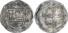 Spanish Monarchy
Philip II
8 Reales. S/F. GRANADA. F. Anv.: G entre circulitos - Escudo - F/(VIII). Adornos entre escudo y corona. 27,23 grs. Acuñad...