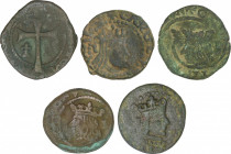 Spanish Monarchy
Charles II
Lote 5 monedas Dobler. MALLORCA. AE. A EXAMINAR. Cal-10 (2), 11 (3). MBC- a MBC.
