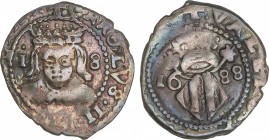Spanish Monarchy
Charles II
Divuité. 1688. VALENCIA. 2,02 grs. Pátina irisada. AC-332. MBC.